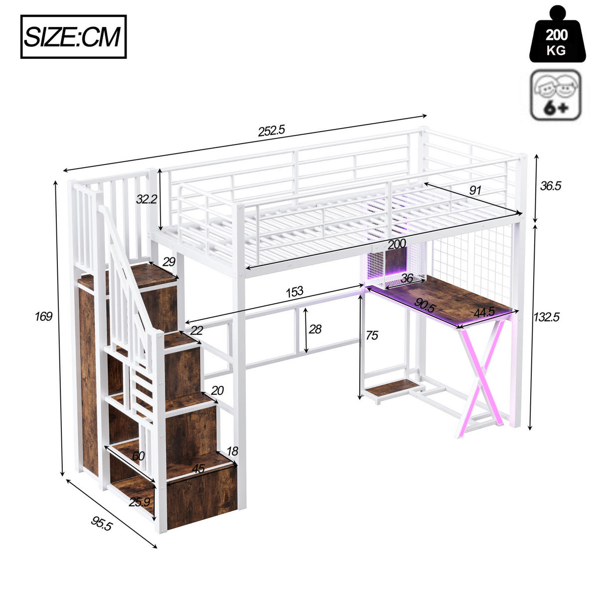 HOCHBETT 90/200 cm mit LED-Beleuchtung, Ablageleiter, Schreibtisch, Kleiderschrank und Regalen, Metall/MDF, Weiß - Weiß, Metall (90/200cm) - Redom