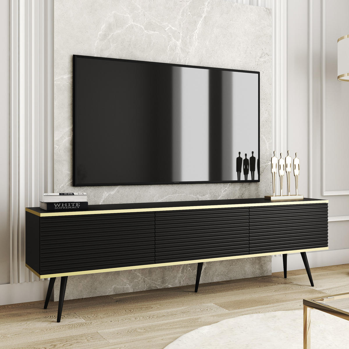 TV-BOARD FORNO (Schwarz, Rillenfront, Goldene Details, 3 Klapptüren, schwarze Metallfüße, 175 cm) - Schwarz, Holz/Holzwerkstoff (175/53/32cm) - Ravio
