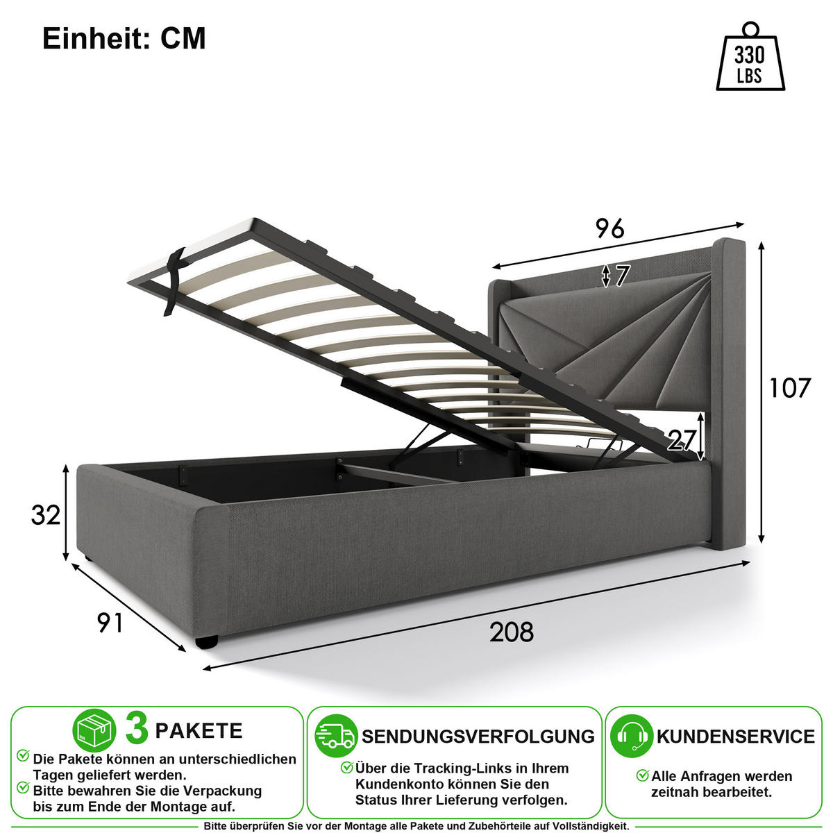 POLSTERBETT 90/200 cm in Grau Leinenstoff mit Bettkasten, USB und Matratze - Grau, Holzwerkstoff/Textil (90/200cm) - CHICFURN