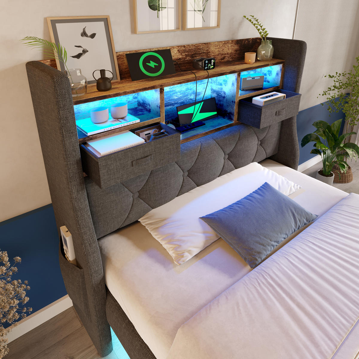 POLSTERBETT 90/200 cm Grau mit LED-Beleuchtung, Kopfteil mit Stauraum, Typ-C-Anschluss und USB-Anschluss - Grau, Textil (90/200cm) - Oxeza