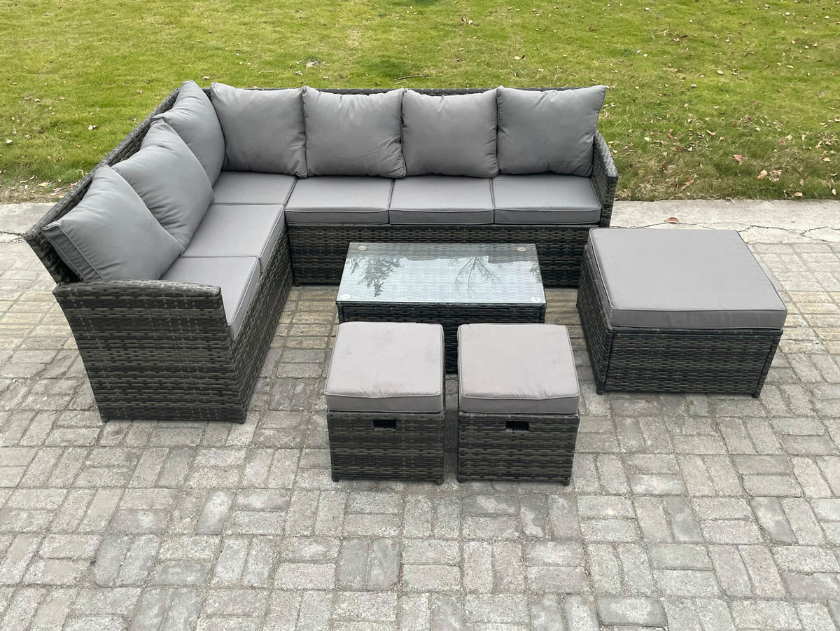 GARTENSET mit Couchtisch, Fußhocker Polyrattan Dunkelgrau 8-Sitzer - Dunkelgrau/Grau, Glas/Kunststoff - Fimous