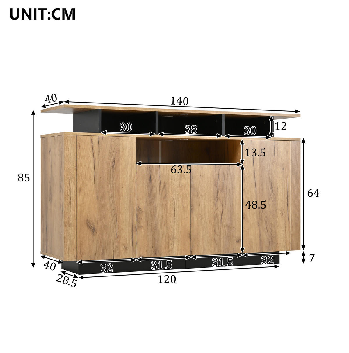 SIDEBOARD in Natur und Schwarz 140x40x85 cm mit 4 Türen und 3 offenen Fächern - Naturfarben, Holzwerkstoff (40/85/140cm) - IVMEU