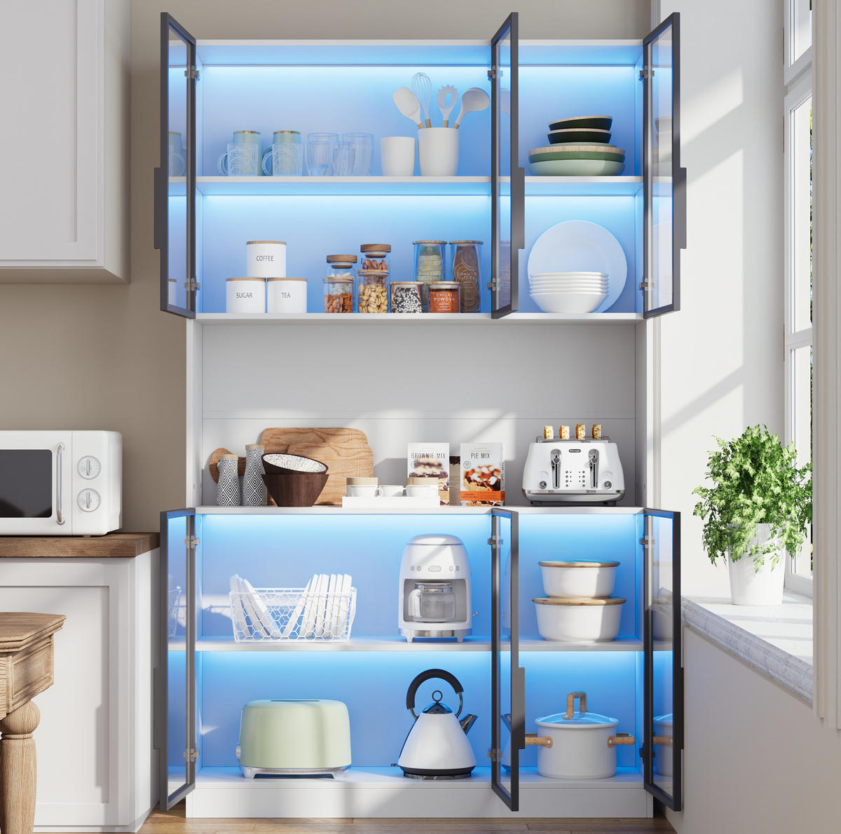 VITRINE 120/34/200 cm in Weiß mit 6 Glastüren und LED-Beleuchtung - Weiß, Holzwerkstoff (120/200/34cm) - Flora Grace