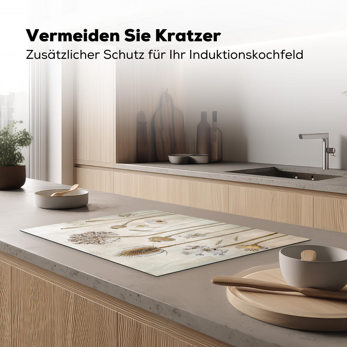 HERDABDECKPLATTE Blumen - Aquarell - Stilleben - Braun - Vintage 75x52 cm - Sandfarben, Kunststoff (75/52/0.2cm) - MuchoWow