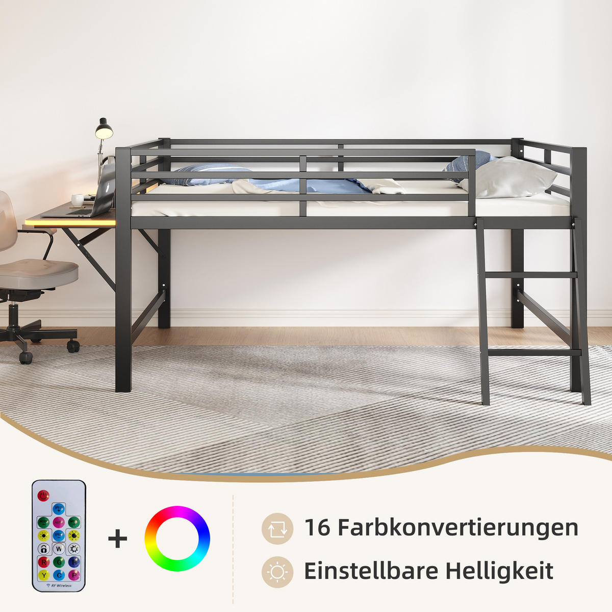 FLACHBETT 140x200cm Schwarz Metall Geländer Schreibtisch LED-Licht - Schwarz, Metall (140/200cm) - FLIEKS