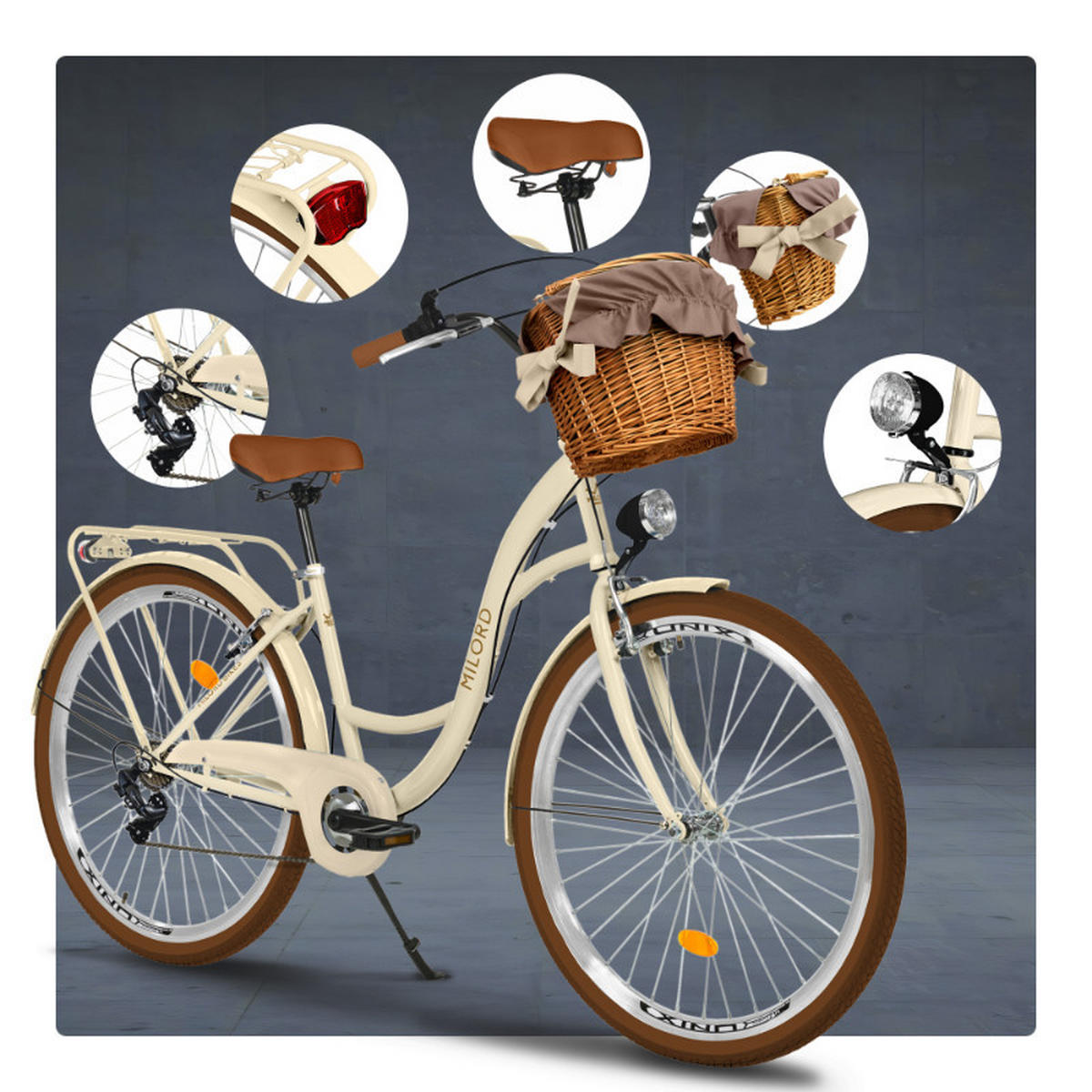 CITY-FAHRRAD Milord mit Weidenkorb, 28 Zoll, Braun-Creme, 7-Gang - Creme/Braun, Metall (46cm) - Milordbikes