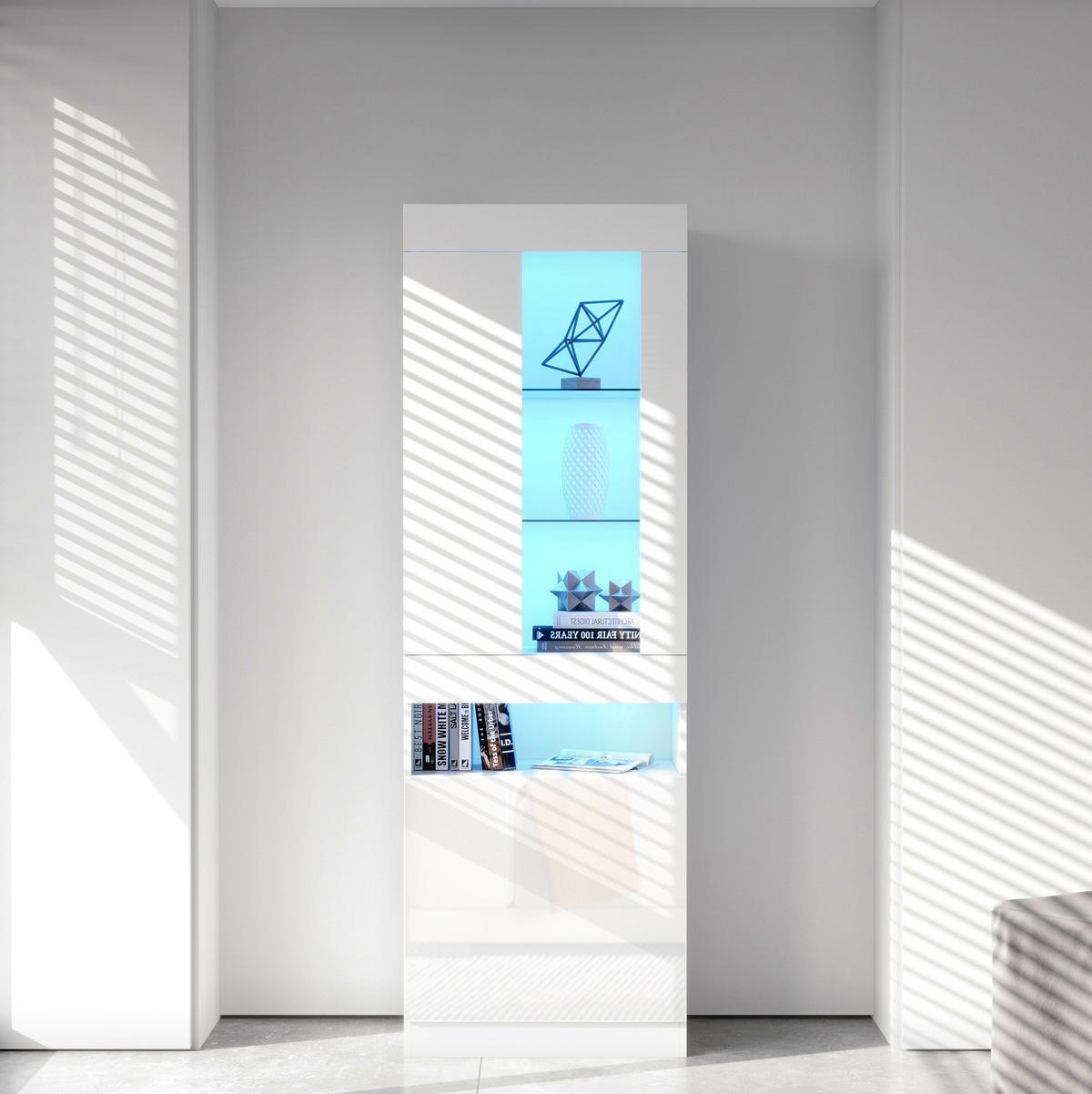 VITRINA 50/40/180 cm bijela, s LED rasvjetom i prostorom za odlaganje - bijela, drvni materijal (40/180/50cm) - BEAOK