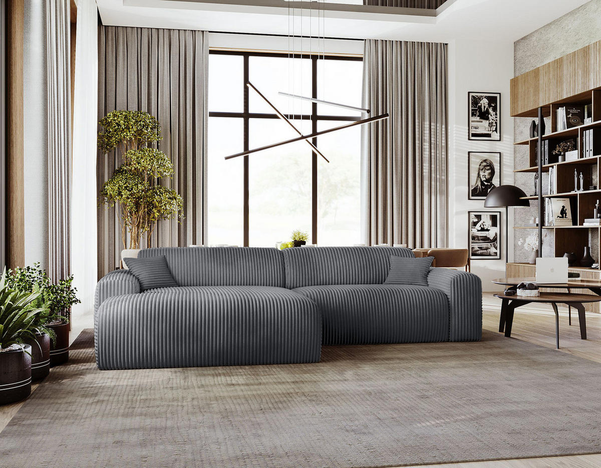 ECKSOFA mit Longchair - Cord - Blau/Schwarz, Kunststoff/Textil (284/178cm) - home24