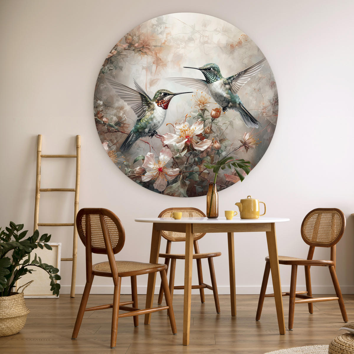 WANDBILD Kolibri - Vögel - Blumen - Pflanzen 150x150 cm - Hellgrün, Kunststoff (150/150cm) - MuchoWow