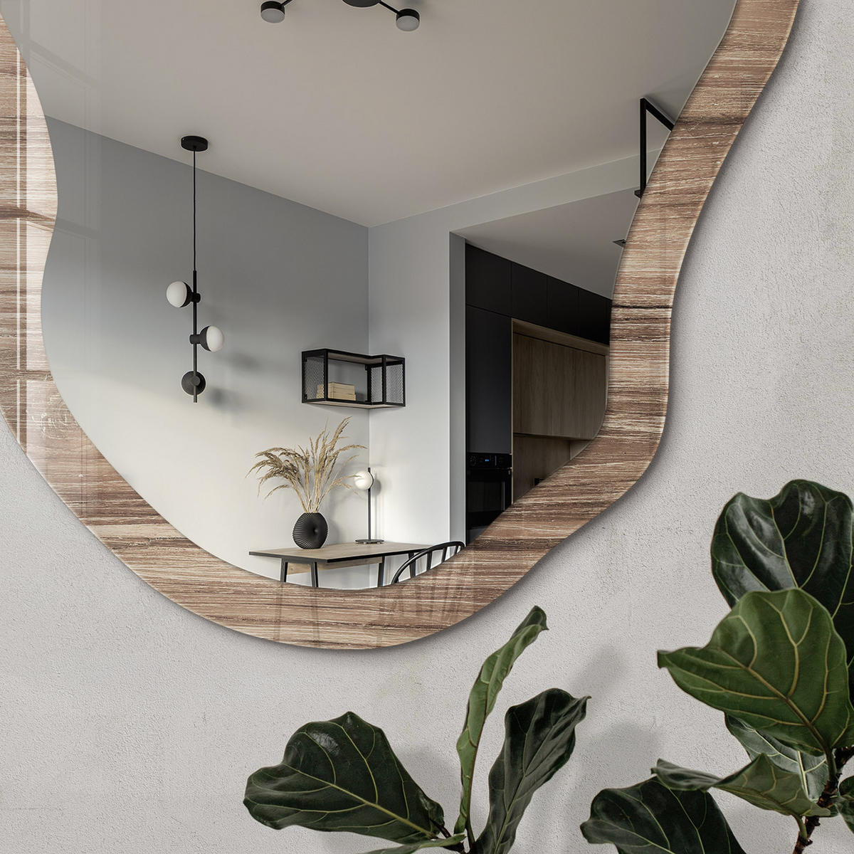 SPIEGEL 90x45 cm asymmetrisch mit Druck - Beiges Holz - Transparent, Glas (45/90/0.4cm) - TULUP