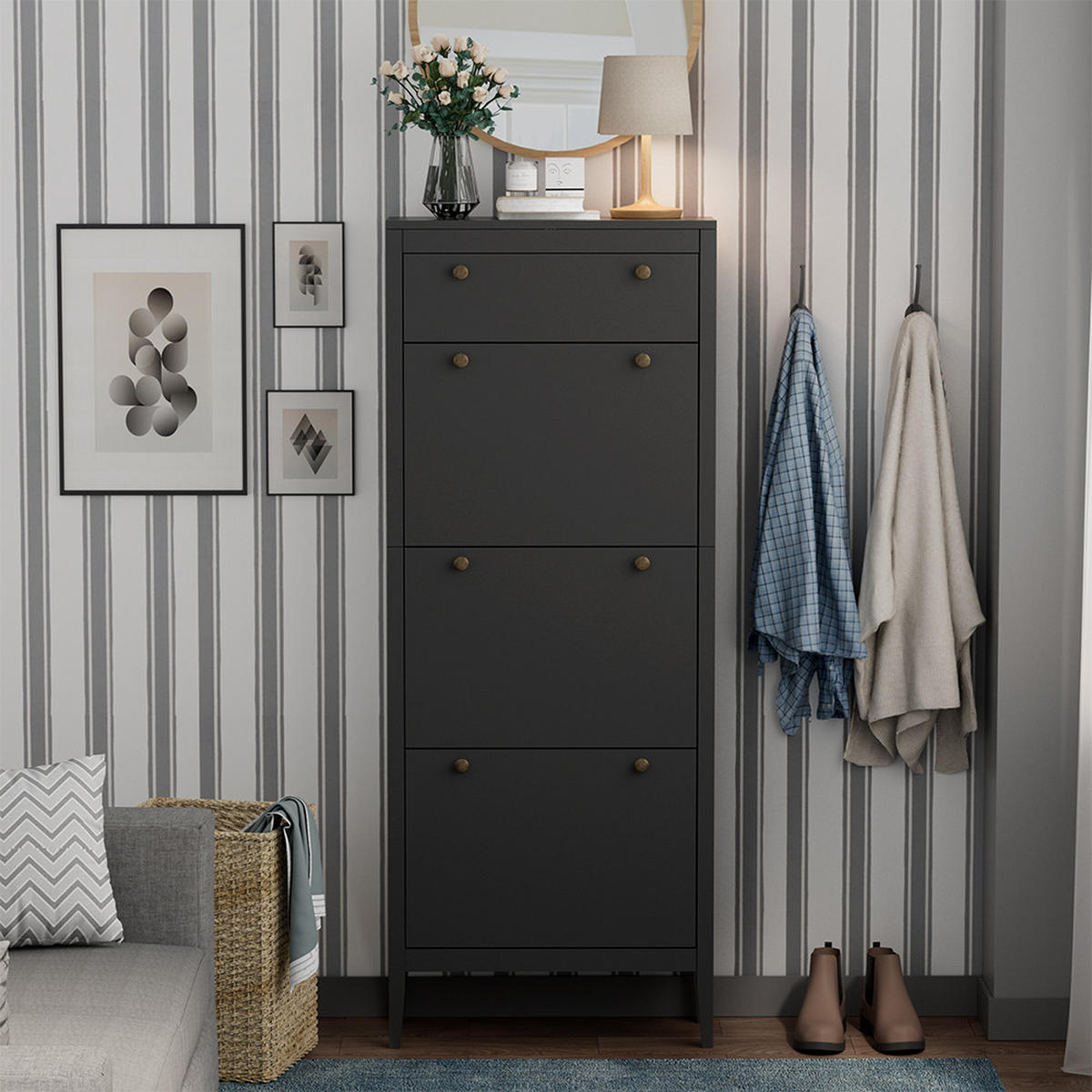 SCHUHSCHRANK Aron Schwarz 60 x 153 cm ,3 Fächer - Schwarz, Holzwerkstoff (60/153/23.5cm) - Vicco