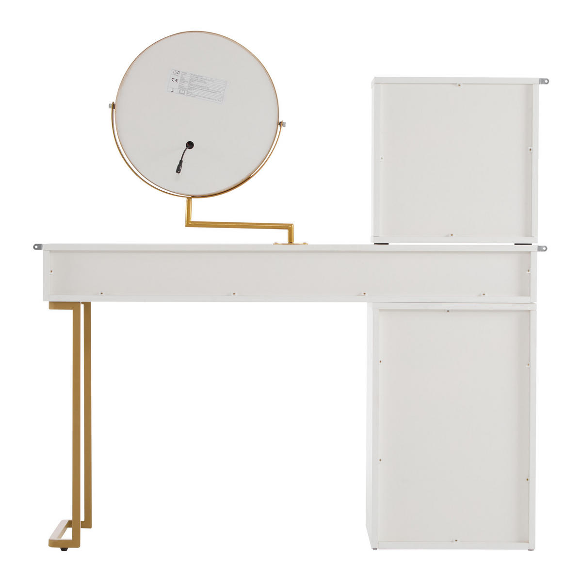 SCHMINKTISCH aus Glas und Spanplatte 120x45x115 cm Weiß/Gold mit LED-Spiegel und flexiblem Seitenschrank - Weiß, Holzwerkstoff (120/115/45cm) - Modfu
