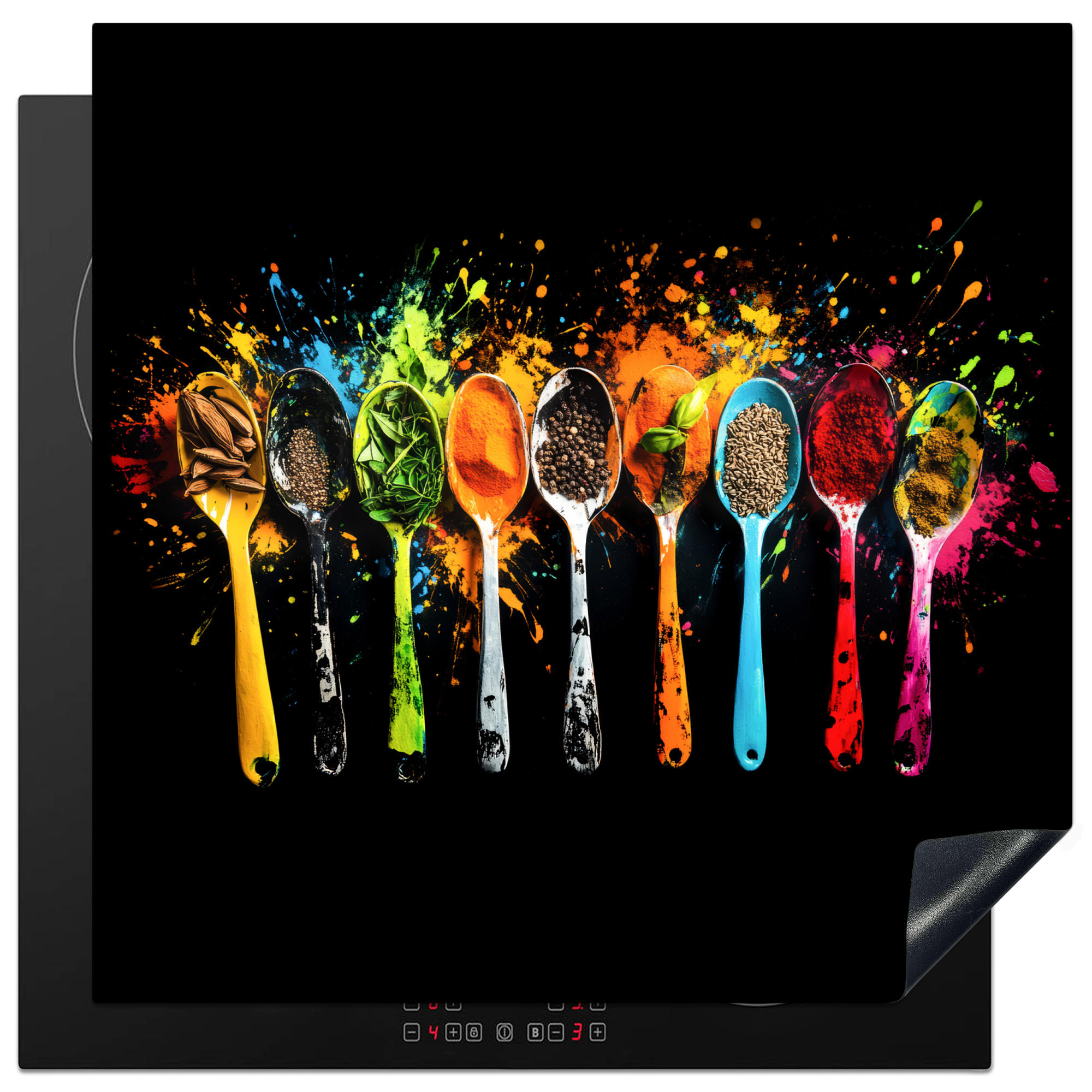 HERDABDECKPLATTE Löffel - Gewürze - Modern - Graffiti - Farbe - Farbenfroh 78x78 cm - Multicolor, Kunststoff (78/0.2/78cm) - MuchoWow