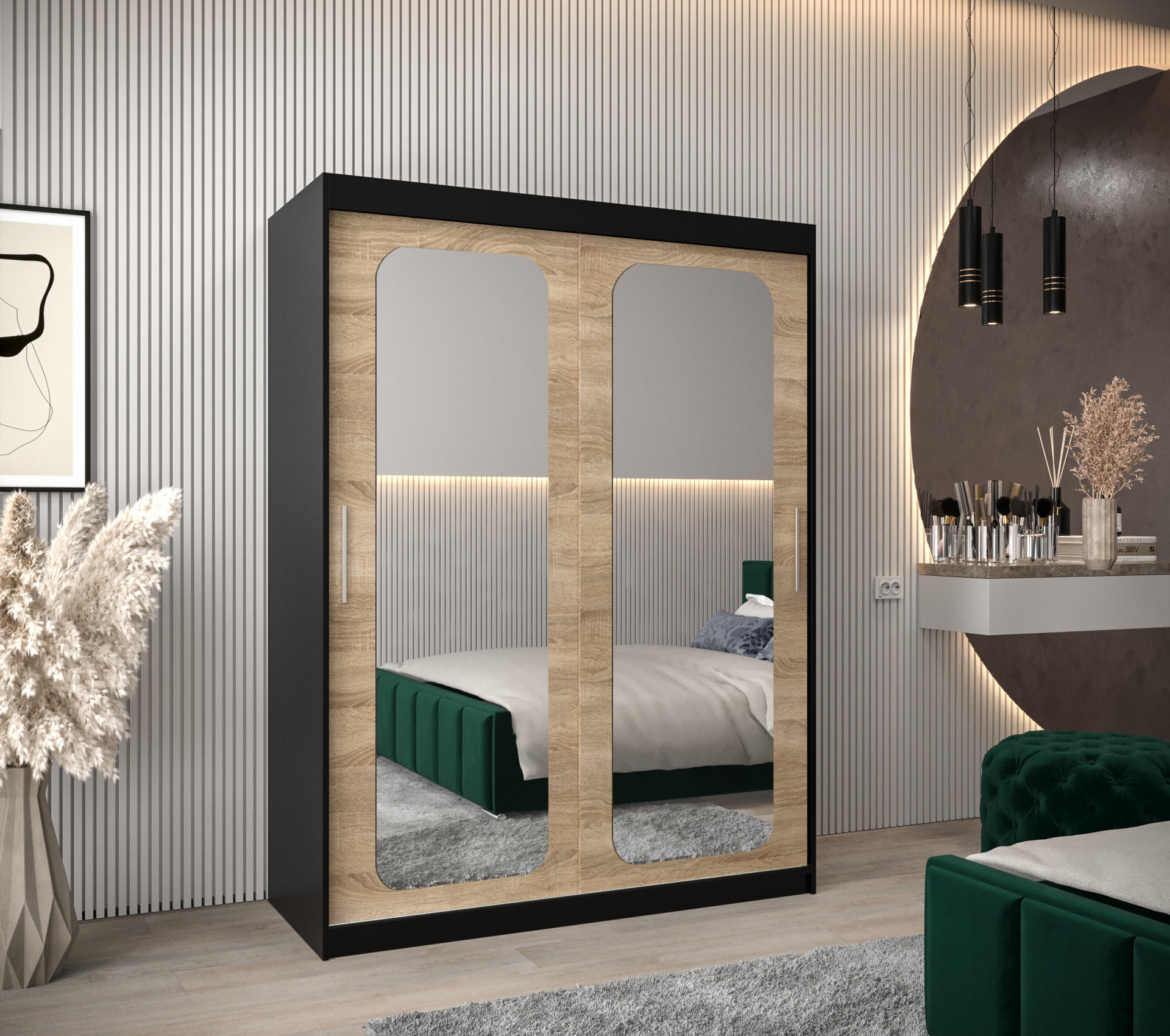 SCHWEBETÜRENSCHRANK 200/150/62 2-türig - Silberfarben/Schwarz, Holz/Kunststoff (150/200/62cm) - Abiks Möbel