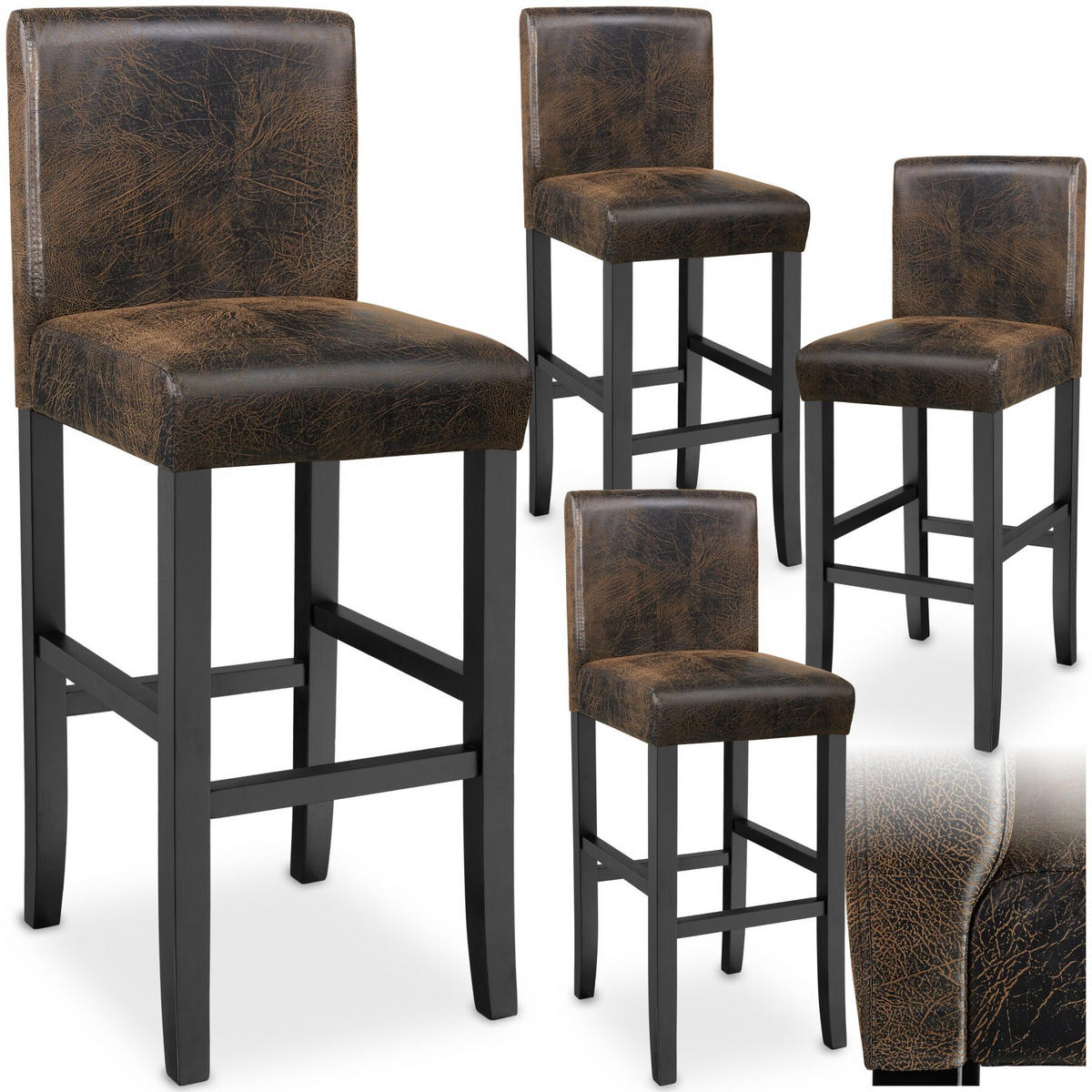 BARHOCKER 4er Set Kunstleder, Sitzhöhe 76 cm, antikbraun - Anthrazit/Braun, Leder/Holz (40/107/41cm) - tectake