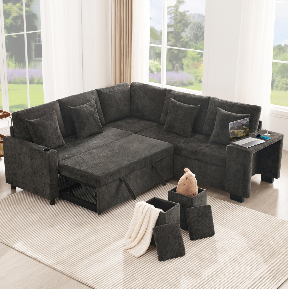 ECKSOFA 220/205/86,5 cm grau Chenille mit Schlaffunktion und Stauraum - Grau, Textil (205/220cm) - OKWISH