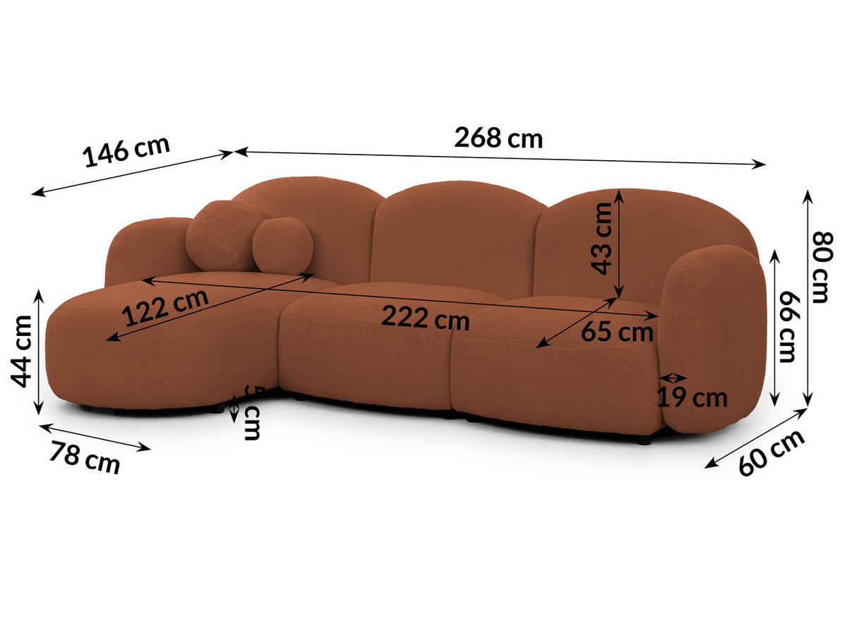 ECKSOFA Nuvola mit abgerundetem Design Terrakotta Bouclé-Stoff - Ottomane Links - Terra cotta/Schwarz, Holz/Kunststoff (268/146cm) - S-Style Möbel