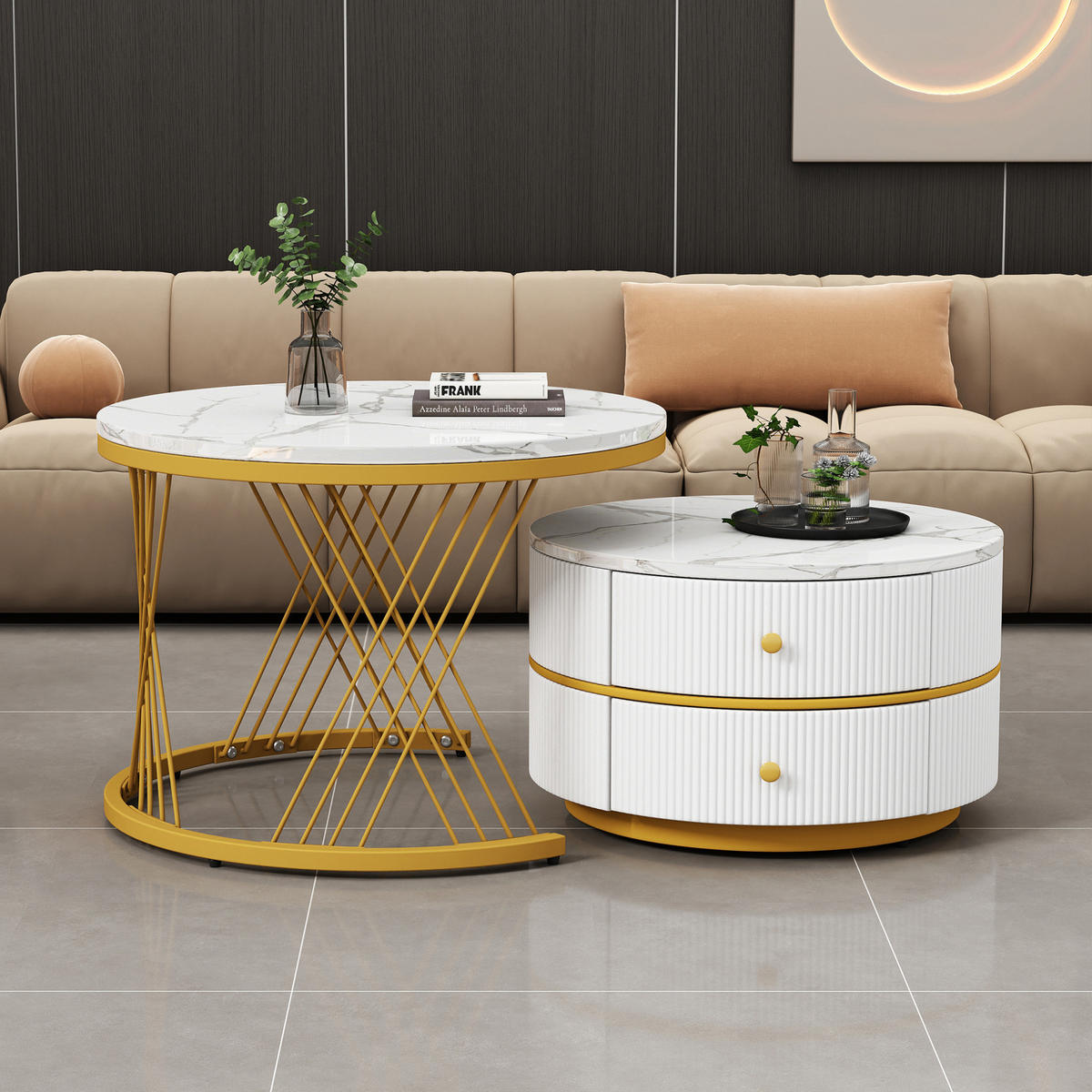 COUCHTISCH 2er-Set rund mit 2 Schubladen Weiß Marmoroptik - Weiß, Metall (60/60/46cm) - Meubliv