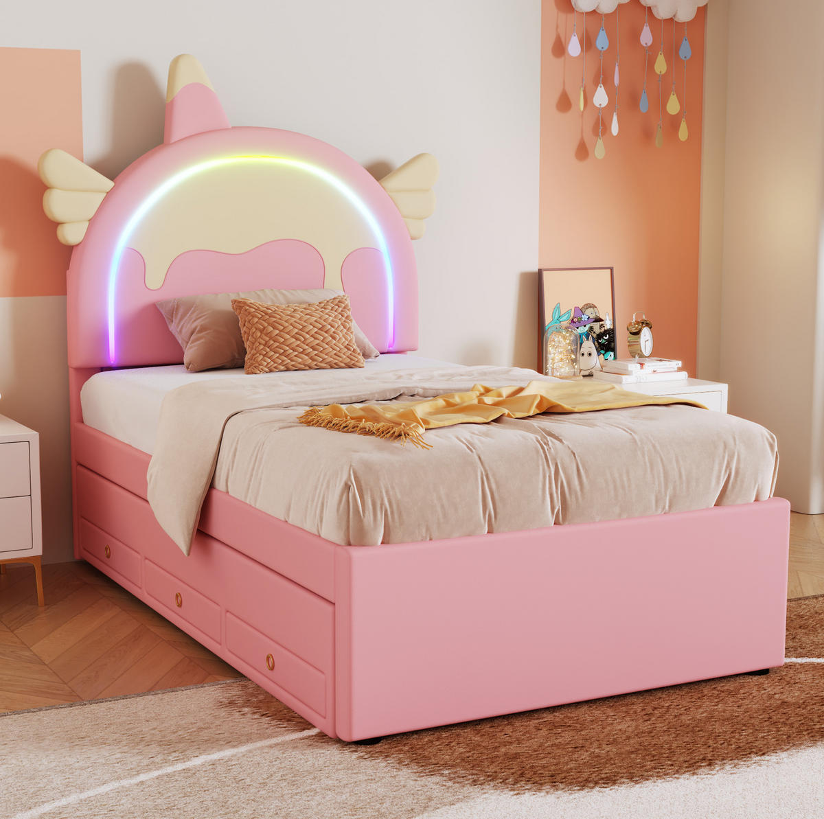 KINDERBETT 90/200 cm in Rosa mit Ausziehbett und Einhorn-Design - Rosa, Kunststoff (90/200cm) - Flora Grace