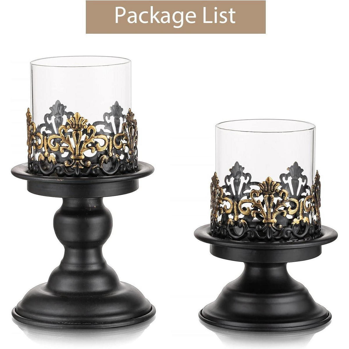 KERZENSTÄNDER 2-teiliges Set Metall Schwarz Matt mit Glas-Hurrikan - Multicolor, Metall (11.5/16/11.5cm)