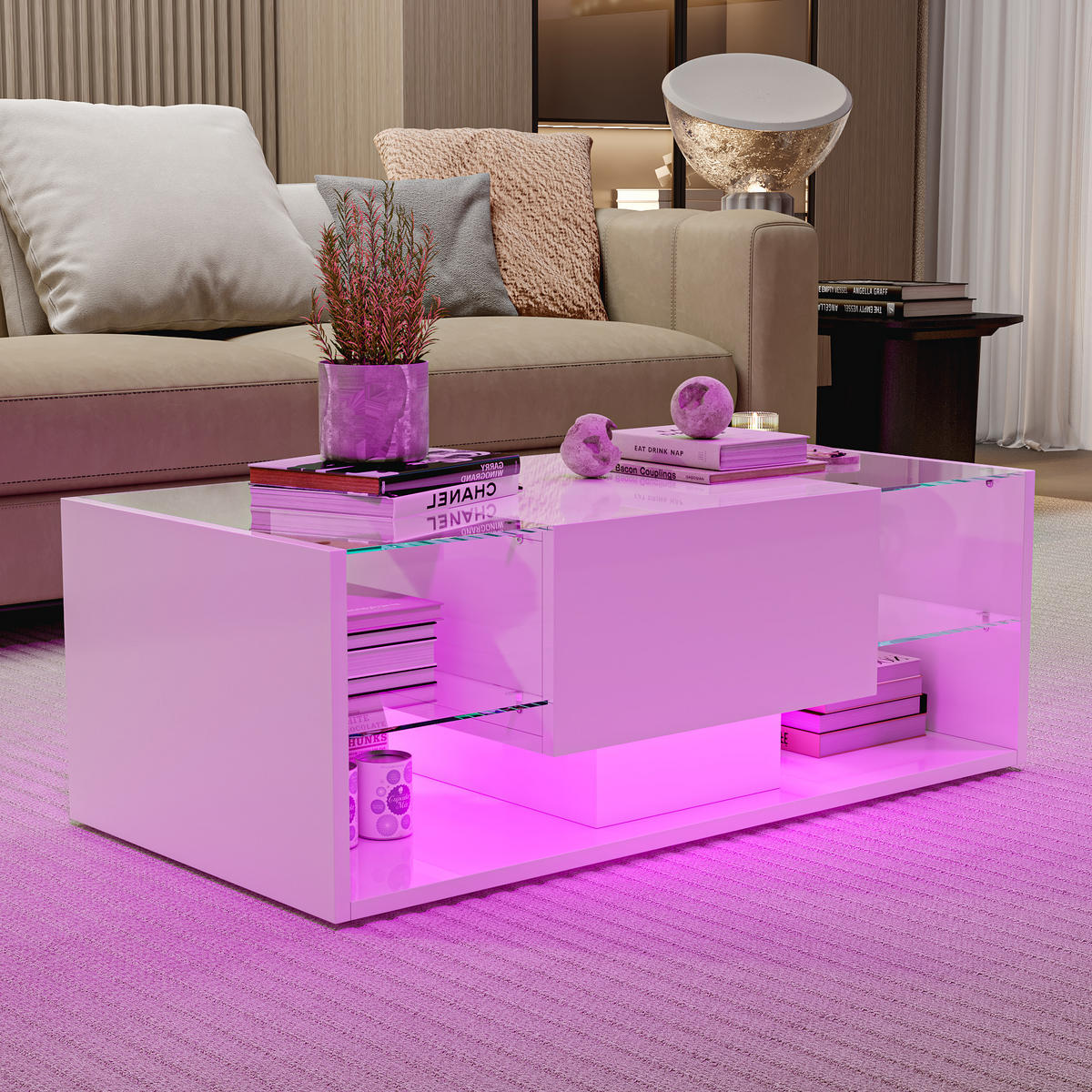 COUCHTISCH LED 100x50x35 cm Glas Hochglanz weiß - Weiß, Holz (50/100/35cm) - LEBENLANG