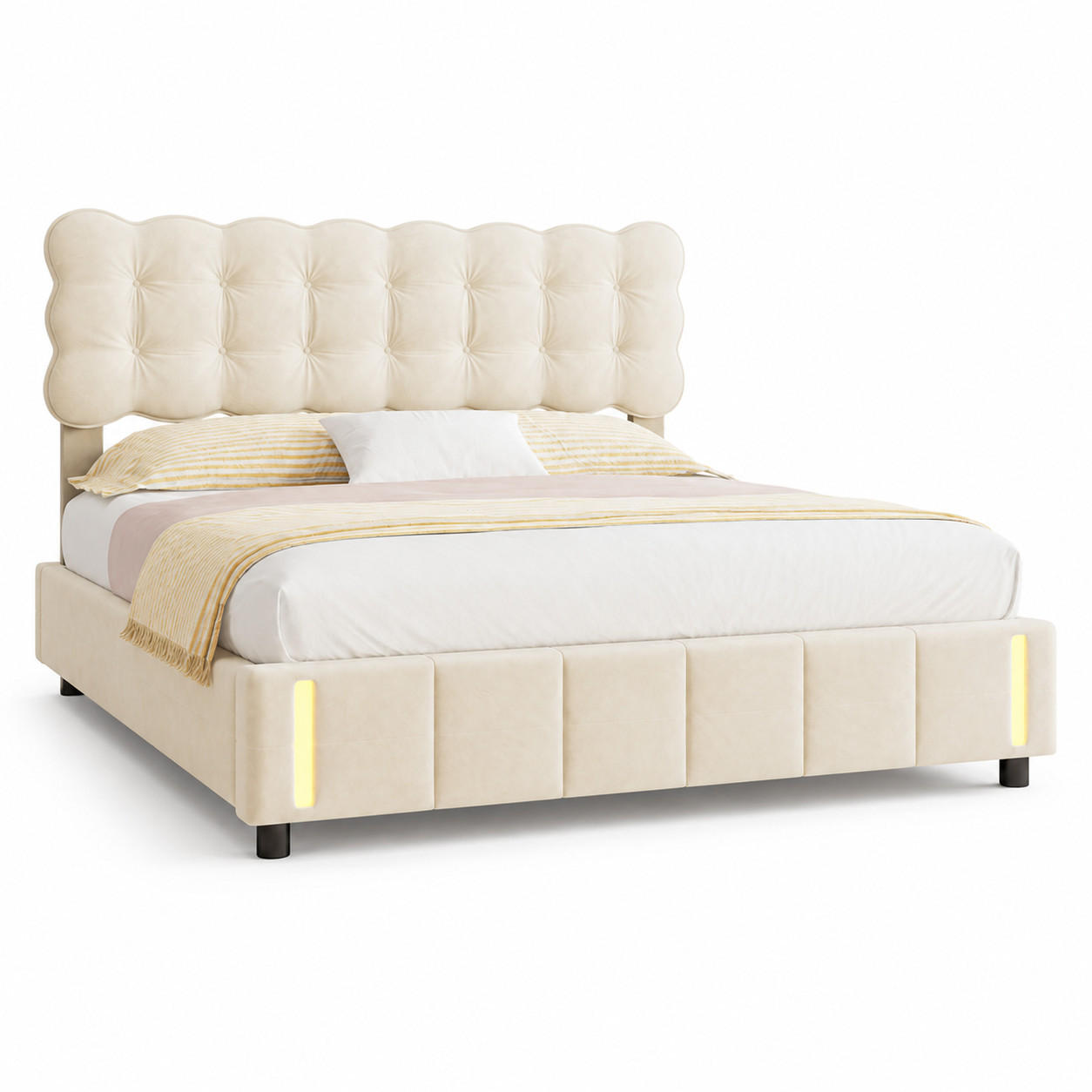 POLSTERBETT 140/190 cm Beige Samt mit LED & Gestepptem Kopfteil - Beige, Holz/Metall (140/190cm) - Joyfair
