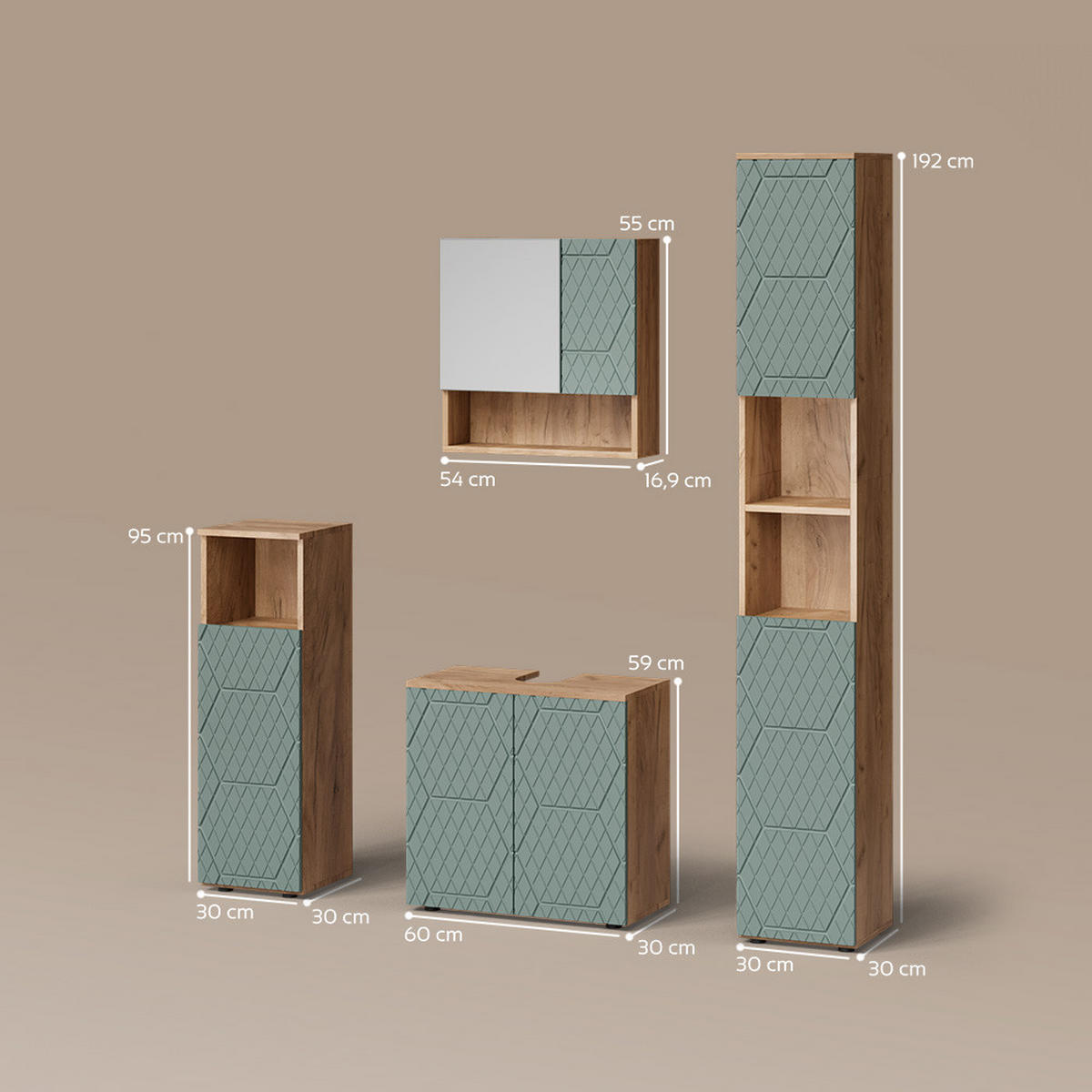 BADMÖBEL-SET Ronco Grün/Goldkraft Eiche 4 Teile, mit Hochschrank - Eiche Wotan/Grün, Holzwerkstoff (60/59/30cm) - Livinity®