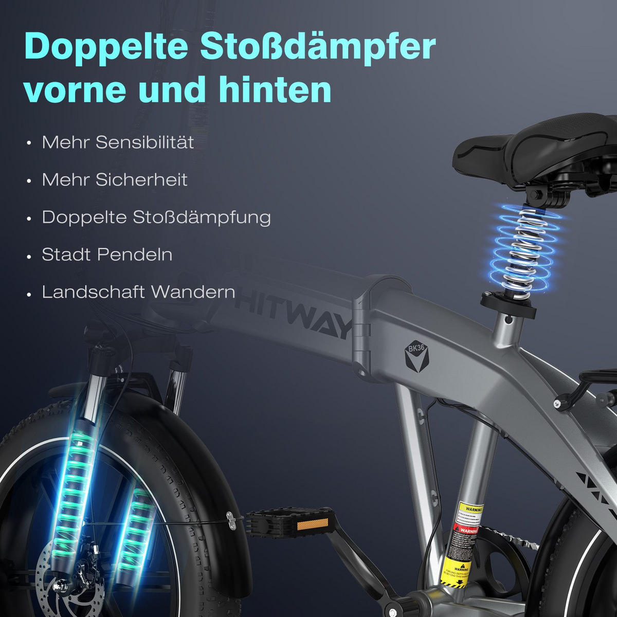 E-BIKE Klapprad BK36 Pedelec bis zu 50-100km 7 Gang shimano Schaltwerk - Silberfarben, Metall (32cm) - HITWAY