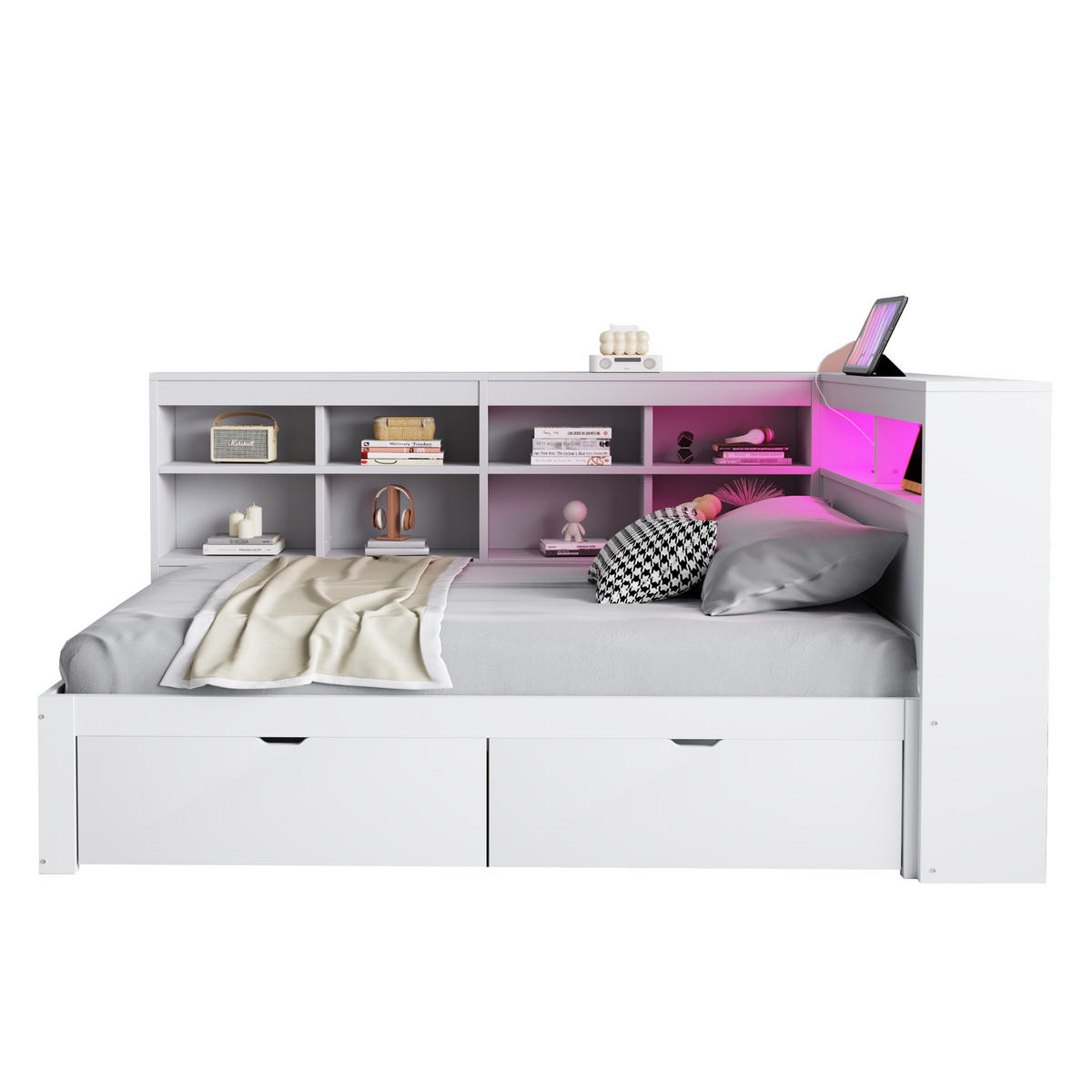 BETT Massivholzsofa 90/200 cm Weiß mit USB- und Steckdose und LED-Beleuchtung - Weiß, Holzwerkstoff (90/200cm) - OKWISH
