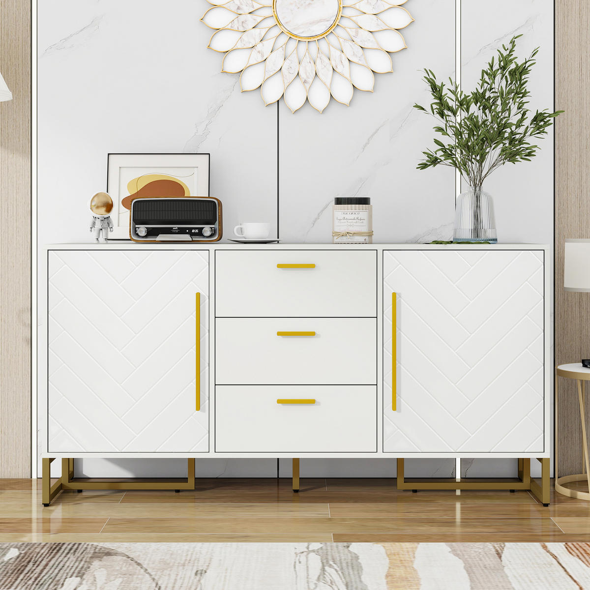 SIDEBOARD 145/40/75 cm weiß aus MDF-Holzwerkstoff mit Fischgrätenmuster und 3 Schubladen - Weiß, Holzwerkstoff (145/75/40cm) - OKWISH