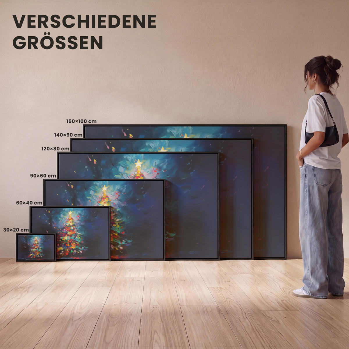 LEINWAND Bilder mit Rahmen - Weihnachtsbaum - Weihnachten - Abstrakt - Farbenfroh - 150x100 - Multicolor, Textil (150/100cm) - MuchoWow