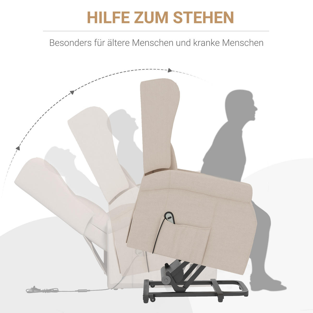 FERNSEHSESSEL mit Aufstehhilfe Leinen Cremeweiß - Creme/Schwarz, Holz/Textil (94/111/74cm) - HOMCOM