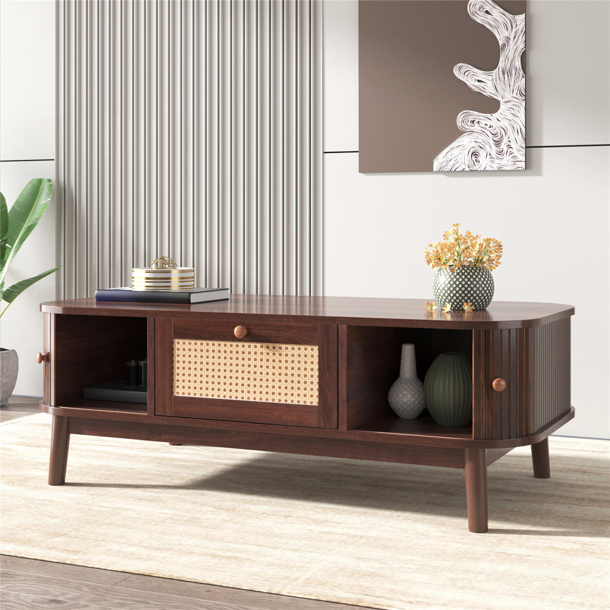 COUCHTISCH Rattan Massivholzbeine Schubladen Wohnzimmertisch - Braun, Holz (55/110/38.5cm) - Bomclap