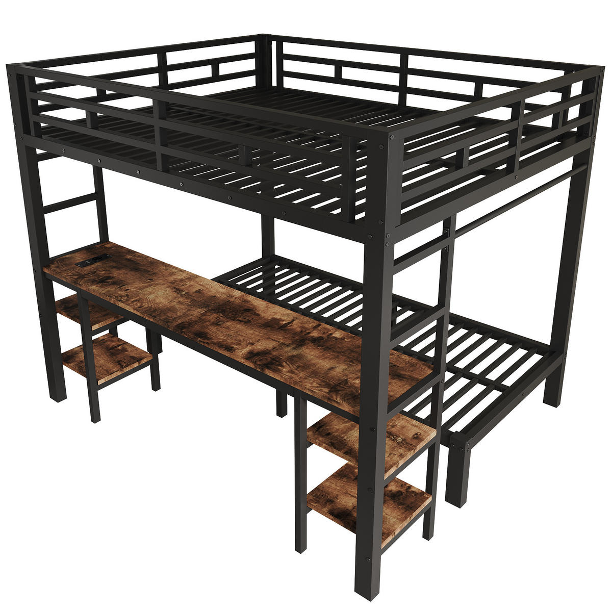 ETAGENBETT aus Metall 140x200/90x200 cm Schwarz/Vintage mit Schreibtisch, Kleiderstange und Ladestation - Schwarz, Metall (140/200cm) - Modfu
