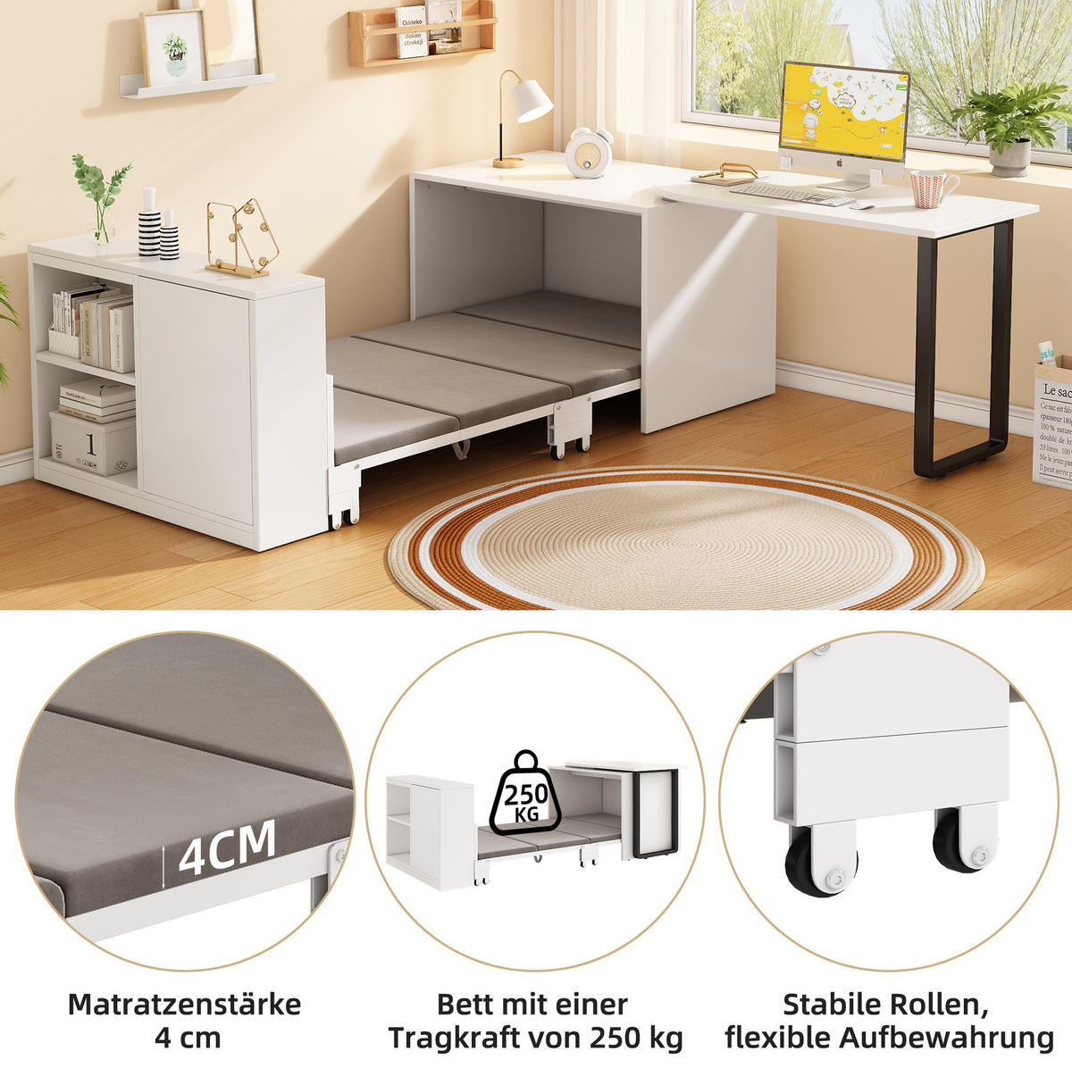 SCHRANKBETT Schreibtisch mit Klappbett 216/116/79 cm aus Metall und Holzwerkstoff mit Stauraum Weiß - Weiß, Metall (90/200cm) - Modenvie
