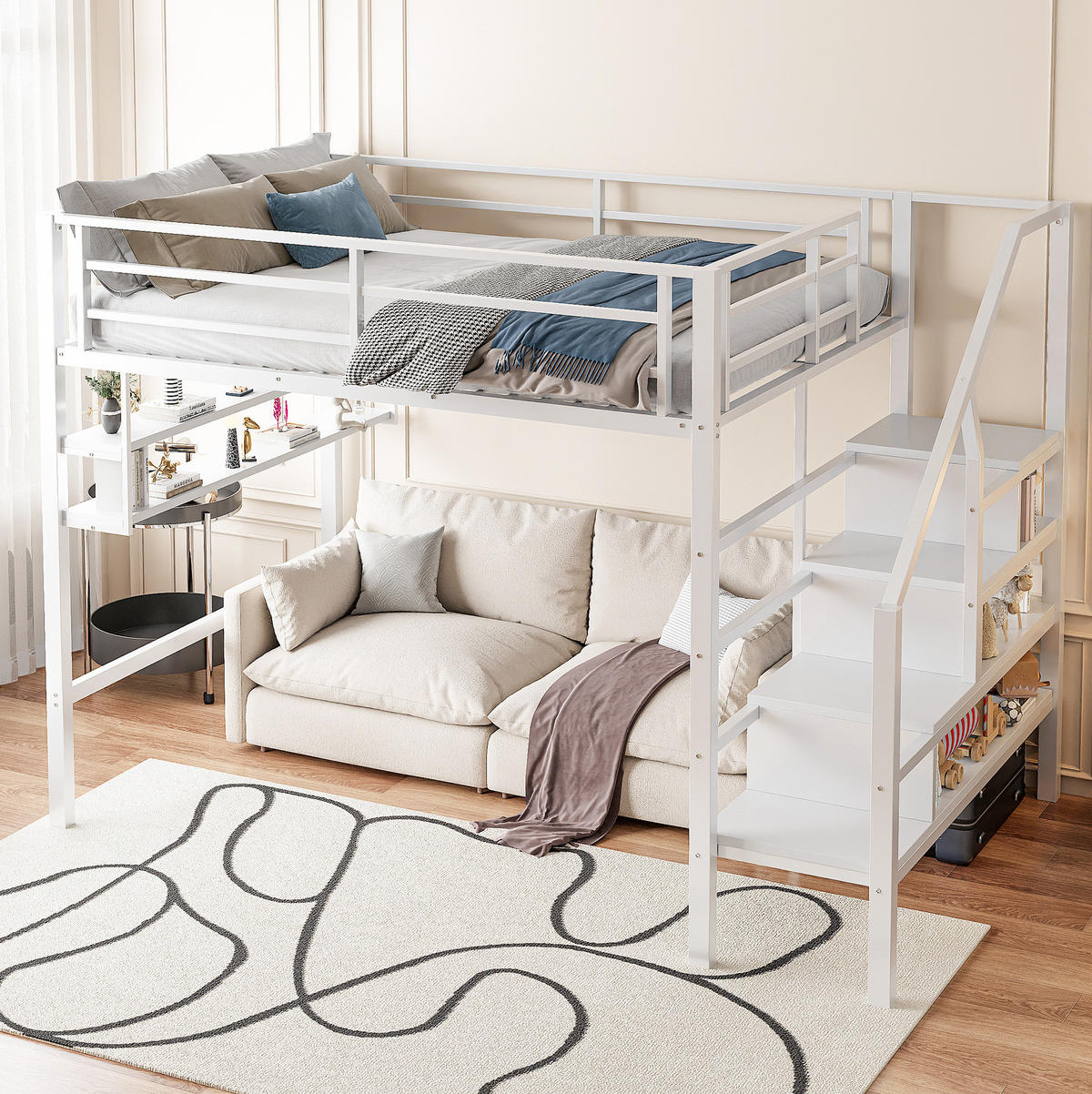 HOCHBETT 140/200 cm Weiß aus Metall mit Stauraumleiter - Weiß, Metall (140/200cm) - OKMYHOME