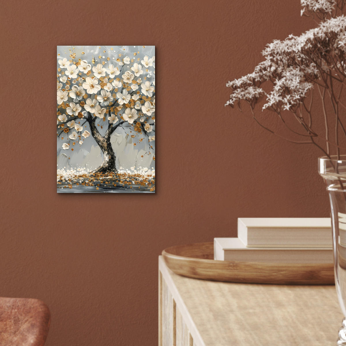 KOVOVÝ OBRAZ Strom - Kvety - Biela - Príroda - Umenie 20x30 cm - biela, kov (20/30cm) - MuchoWow