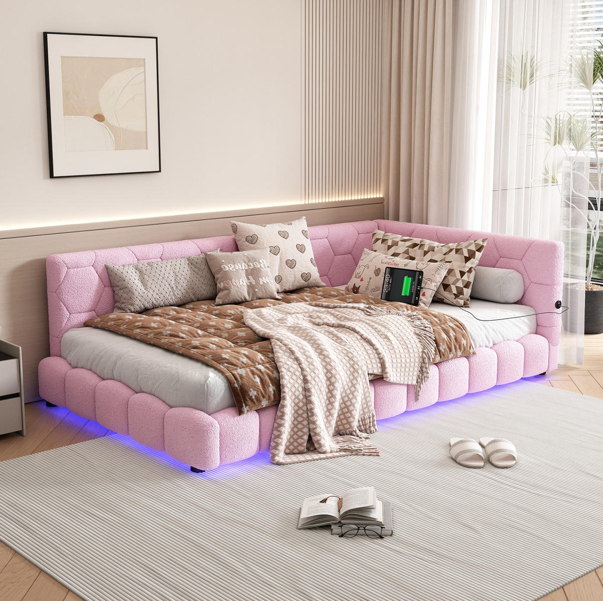 BETT 90/200 cm in Rosa mit LED-Beleuchtung und USB- und Type-C-Anschlüssen - Rosa, Textil (90/200cm) - Flora Grace
