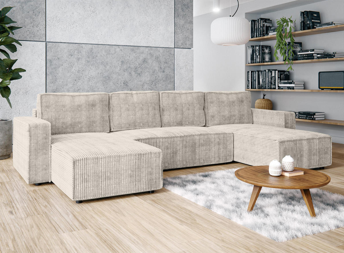 WOHNLANDSCHAFT Aydin U Form Creme 338/169/85 cm Cord mit Schlaffunktion - Creme/Schwarz, Kunststoff/Textil (338/85/169cm) - AX Living