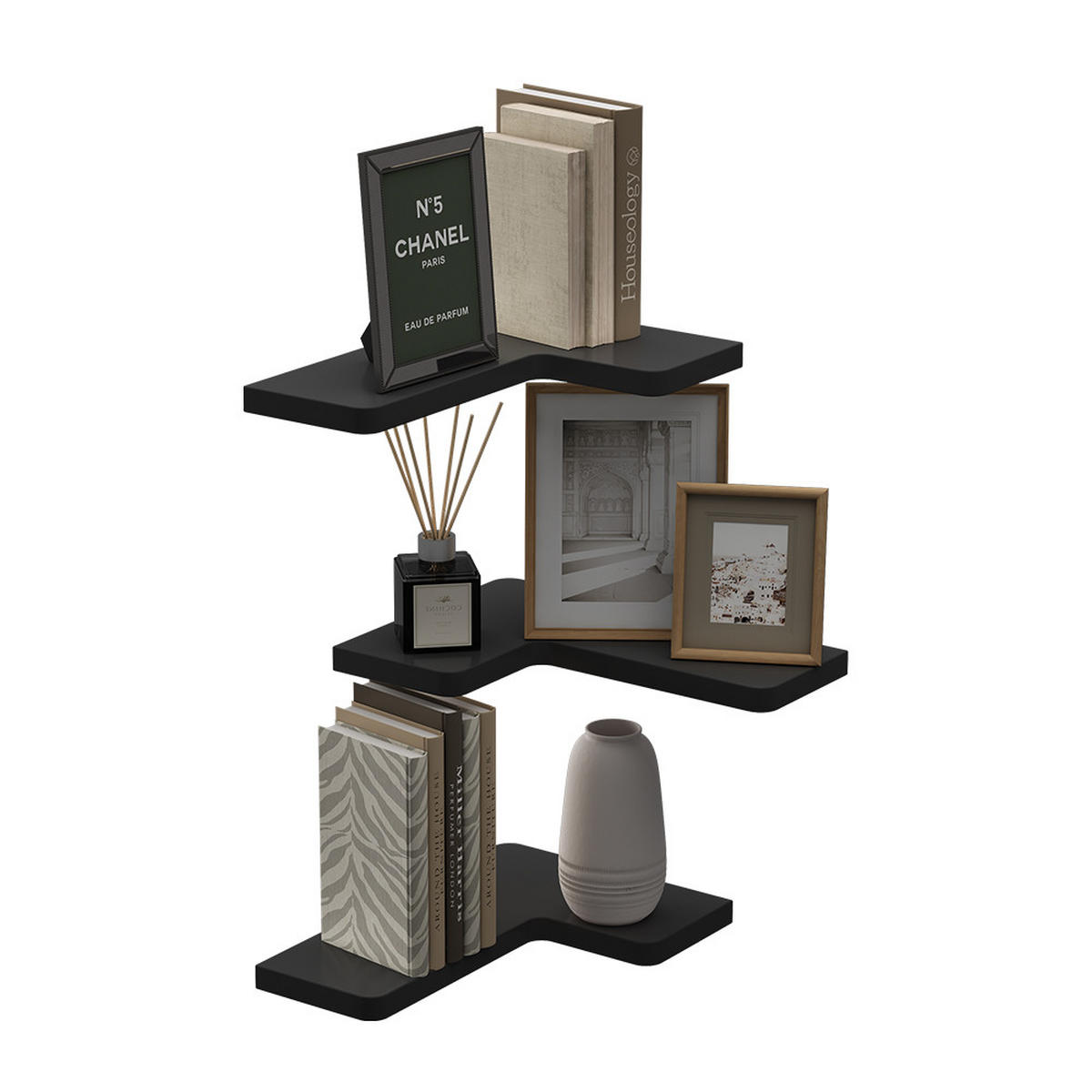 ECKREGAL Curva Schwarz 40.5 x 2.5 cm 3er Set - Schwarz, Holzwerkstoff (40.5/2.5/28.5cm) - Vicco