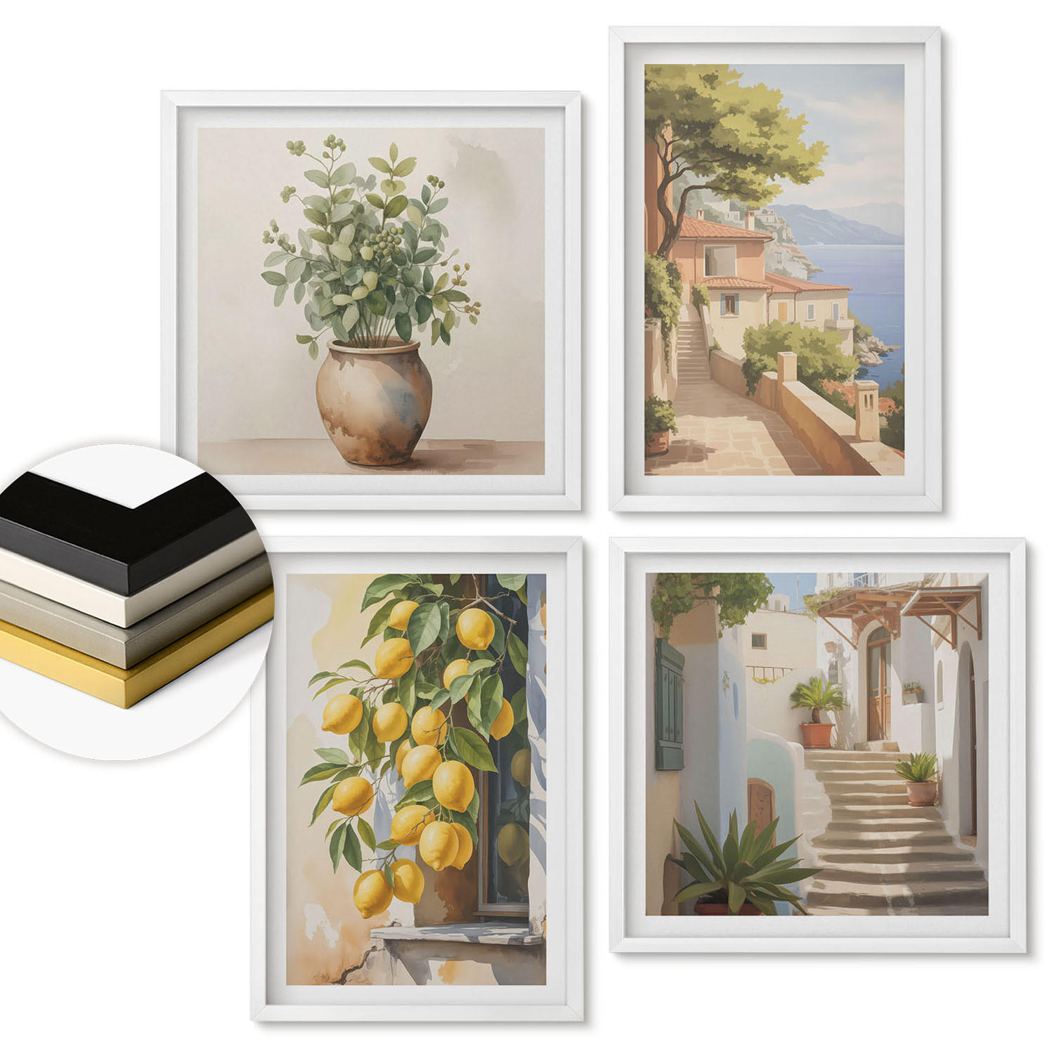WANDBILDER 4er-Set - 50x50 cm & 40x60 cm Weißer Rahmen - Blumen in einer Vase, ein Meer aus Zitronen - Weiß, Kunststoff (50/50cm) - ArtPrintCave