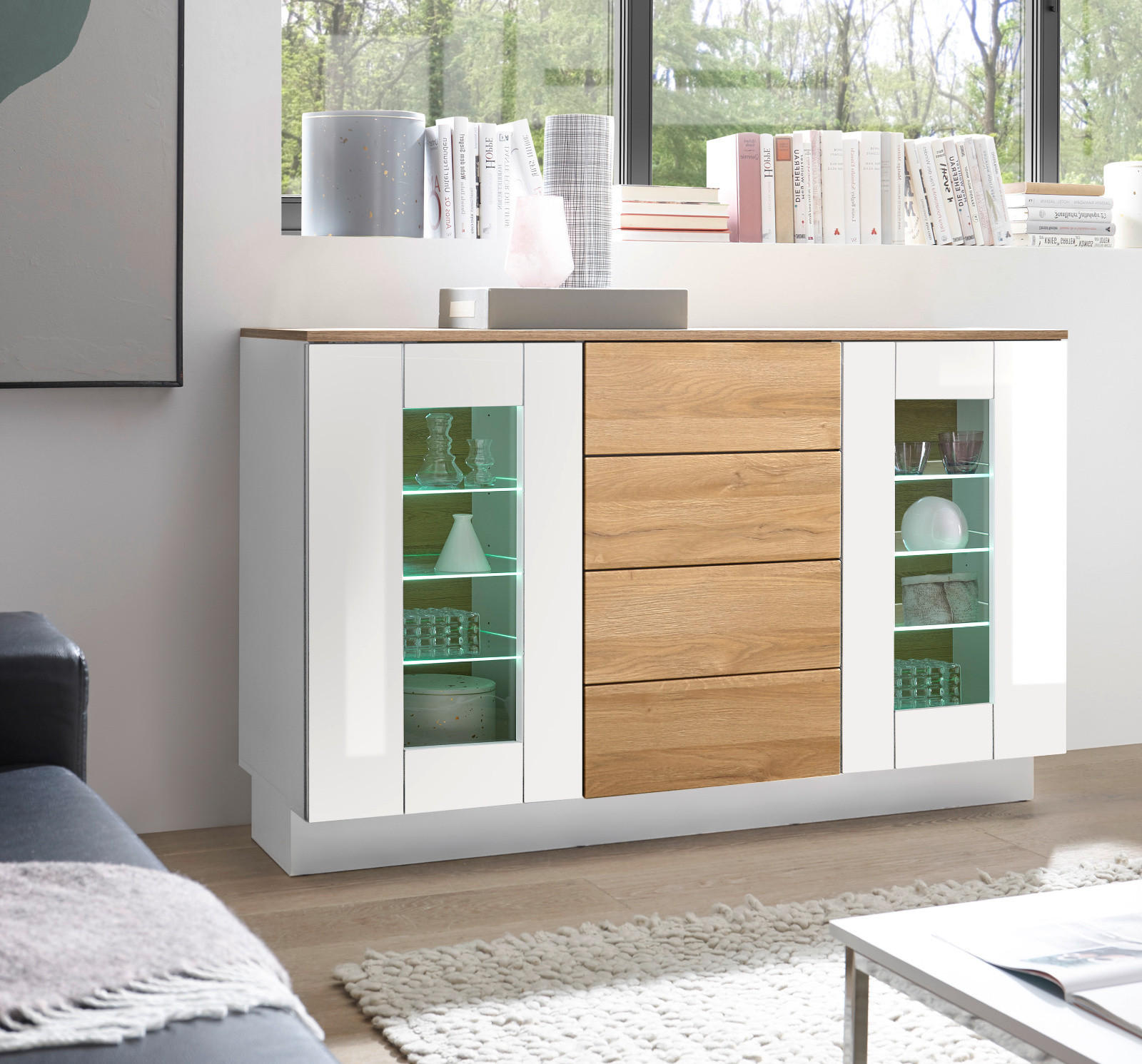 SIDEBOARD weiß Hochglanz, Grandson Eiche, Kommode 136 x 85 cm - Weiß Hochglanz/Eichefarben, Holzwerkstoff (136/85/43cm) - Furn.Design