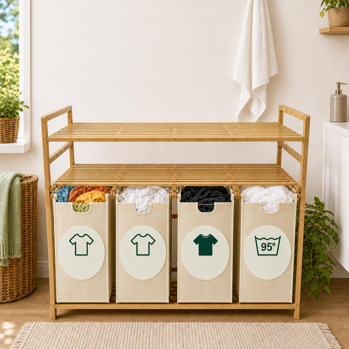 WÄSCHESAMMLER Natur-Beige 4er-Set Bambus - Multicolor, Holz/Textil (103/100/41.5cm) - Relaxdays