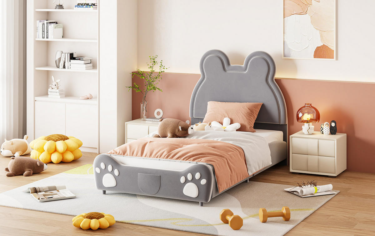 SAMT-POLSTERBETT 90/200 cm Grau mit gepolstertem Bären-Kopfteil - Grau, Textil (90/200cm) - BEAOK