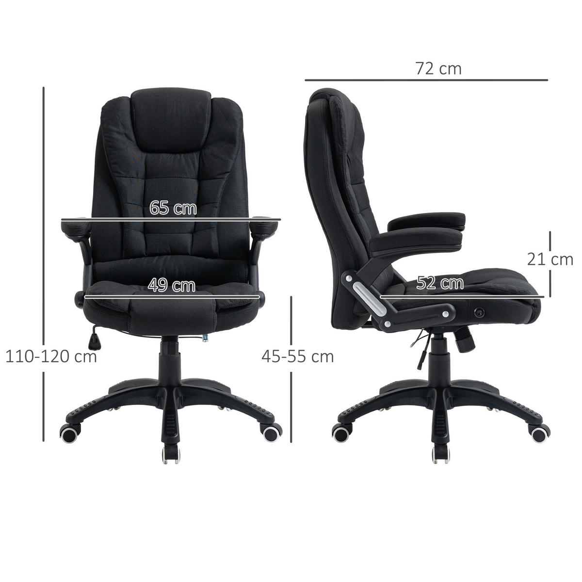 BÜROSTUHL Drehstuhl ergonomisch Schaumstoff Kunststoff leinenartiges Polyester - Schwarz, Kunststoff (72/120/65cm) - Vinsetto