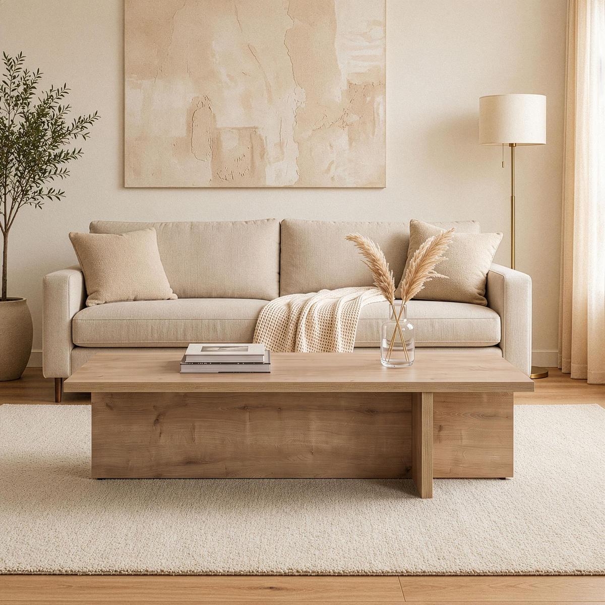 COUCHTISCH mit rechteckiger Platte und asymmetrischem Fuß L120 cm - HARBOR - Eichefarben, Holzwerkstoff (50/45/30cm) - Calicosy