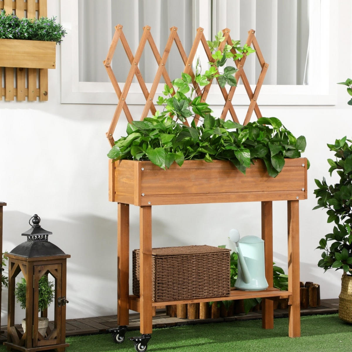 HOCHBEET mit Spalier und Ablageregal Braun - Braun, Holz (29/29/79cm) - ComfortXL