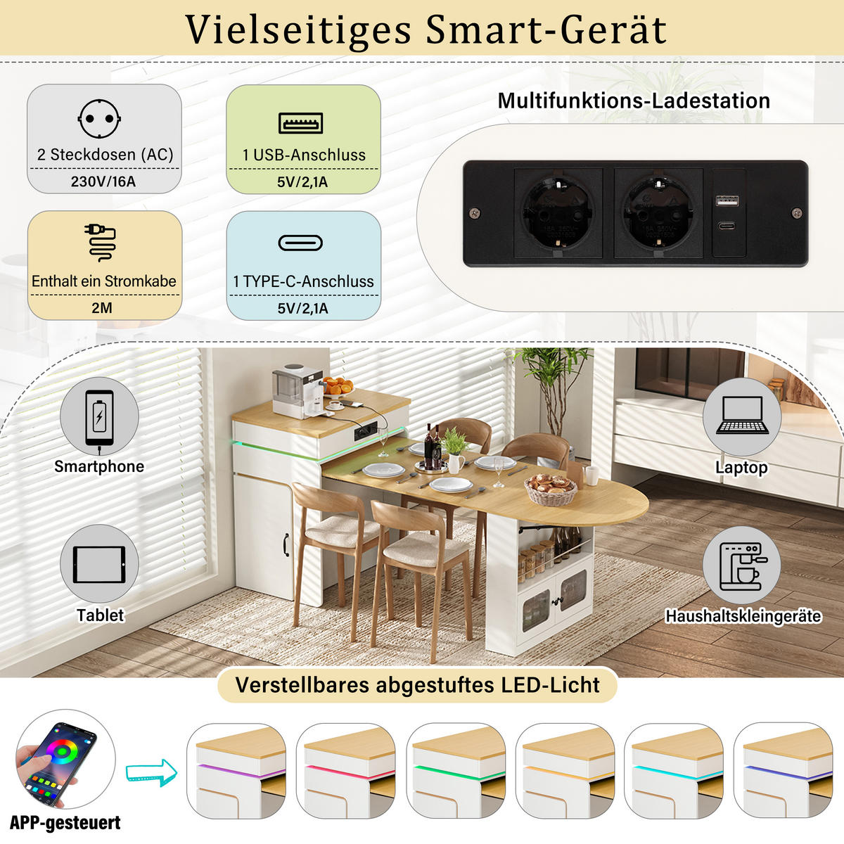 KÜCHENINSEL ausziehbar 55-194/80/95,5 cm mit LED DE-39581 Weiß - Weiß, Holzwerkstoff (80/95.5/55cm) - ComfortXL