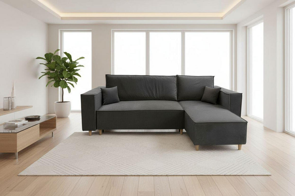 ECKSOFA RIO mit Schlaffunktion und Bettkasten, Farbe: Dunkelgrau, Velourstoff, Ottomane Universal - Dunkelgrau, Textil (249/142cm) - Marpur