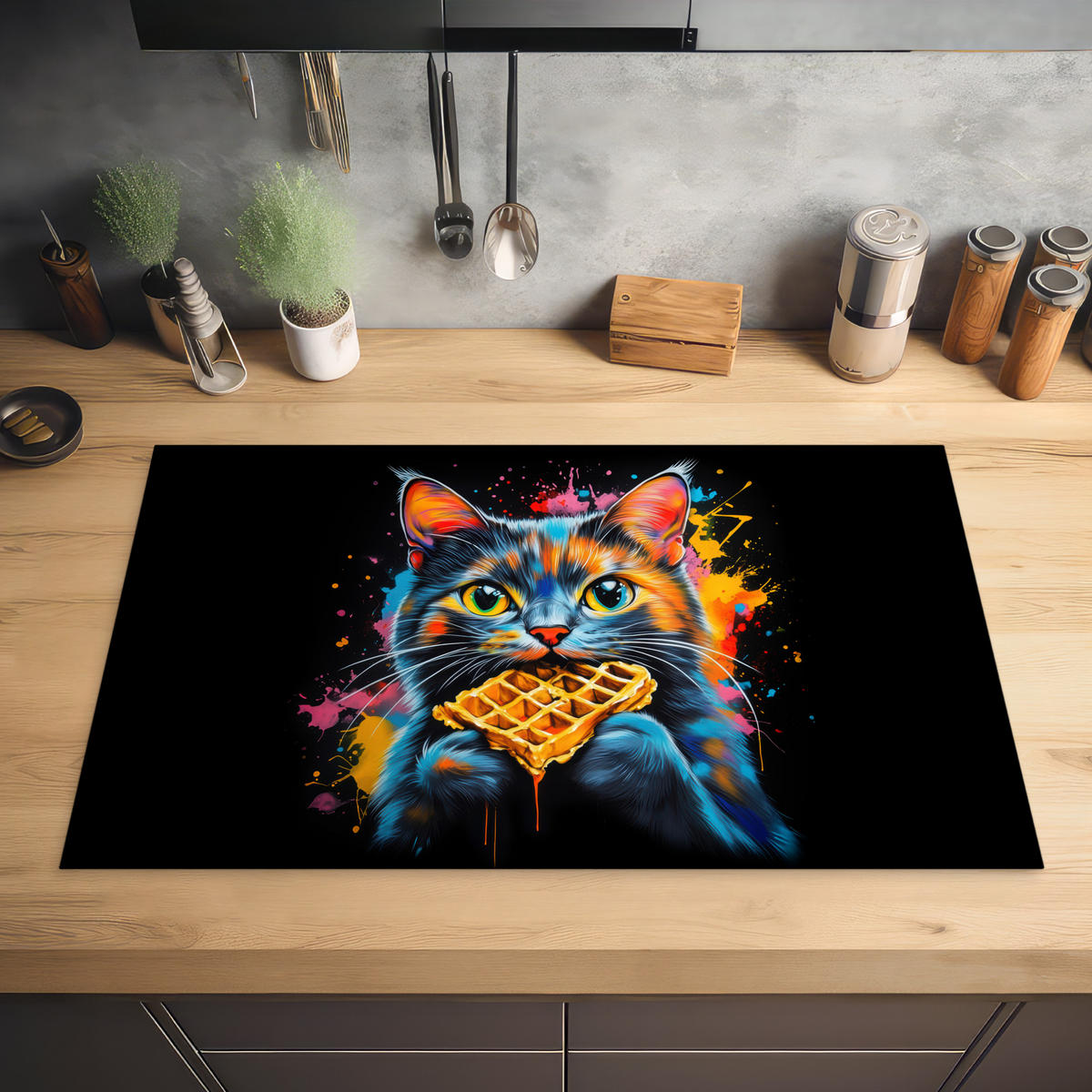 HERDABDECKPLATTE Katze - Graffiti - Bunt - Waffel - Essen Ceranfeldabdeckung 85x52 cm - Multicolor, Kunststoff (85/52/0.2cm) - MuchoWow